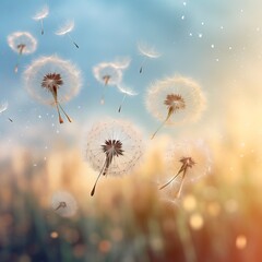 Abstract blurred nature background dandelion seeds parachute