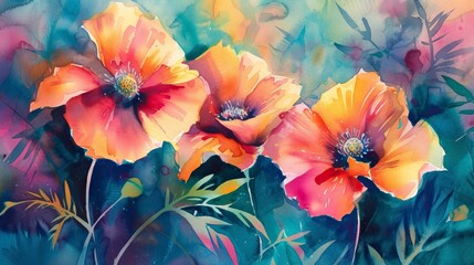 abstract watercolor bright flowers