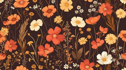 Autumn feminine seamless pattern with wildflowers in orange and brown tones