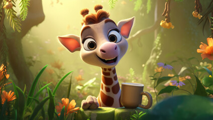 Adorable animated giraffe with a mug in a serene forest.