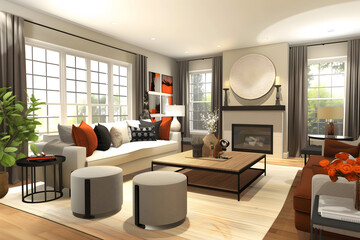 Furnished living room with fireplace, table, couch, and plant in a cozy house