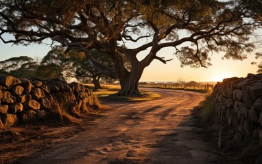 A dirt road runs alongside a tree in the light of a setting sun