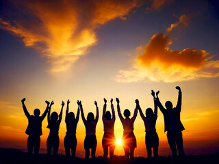 Silhouette of group business team making high hands over head in sunset sky stock photo Community image togetherness, teamwork, friendship 