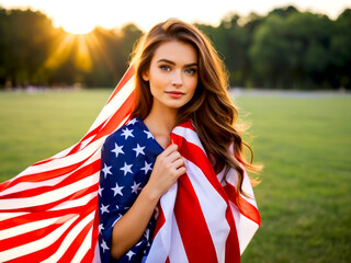 Young pretty and cute  woman wrapping in USA flag outside image