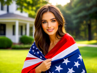 Young pretty and cute  woman wrapping in USA flag outside image