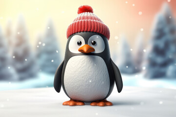Adorable cartoon penguin in a striped winter hat standing against a soft-focus snowy forest backdrop, embodying the spirit of a cozy, snowy day.