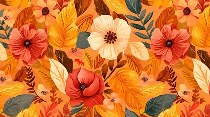 Fototapeta premium Beautiful autumn floral seamless pattern in warm orange color
