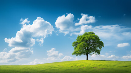 Fototapeta na wymiar Single tree on grass against blue sky with clouds