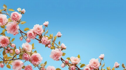 Beautiful spring border, blooming rose bush on a blue background