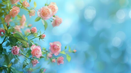 Fototapeta na wymiar Beautiful spring border, blooming rose bush on a blue background