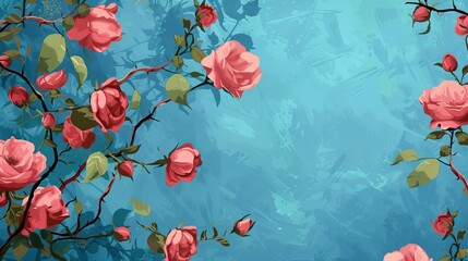 Beautiful spring border, blooming rose bush on a blue background