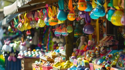 A colorful Easter market scene with stalls selling decorations