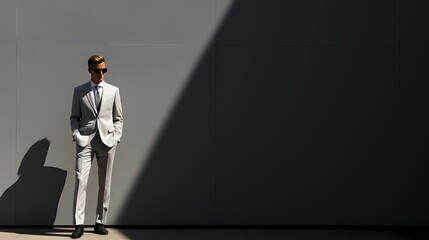 A minimalist composition featuring a model in a tailored suit, casting a sharp shadow on a monochromatic gray background
