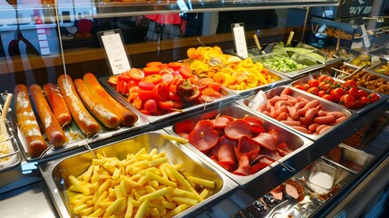 A display of typical fast-food options in Germany, including the tempting currywurst, is a popular choice for a quick lunch in the city.  - obrazy, fototapety, plakaty