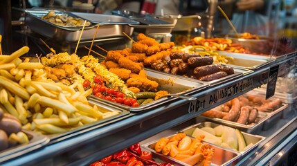 A display of typical fast-food options in Germany, including the tempting currywurst, is a popular choice for a quick lunch in the city.  - obrazy, fototapety, plakaty