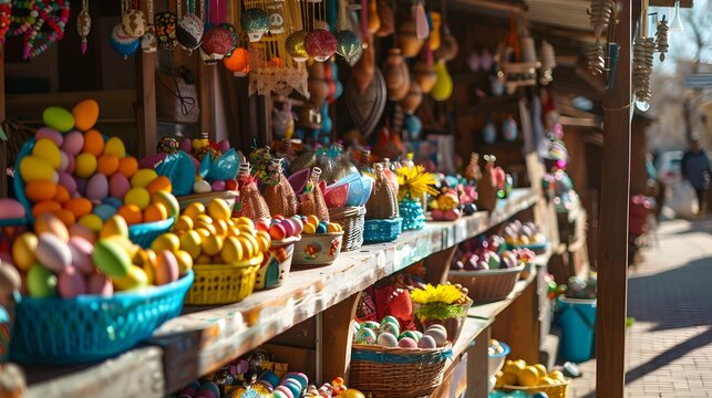 A colorful Easter market scene with stalls selling decorations