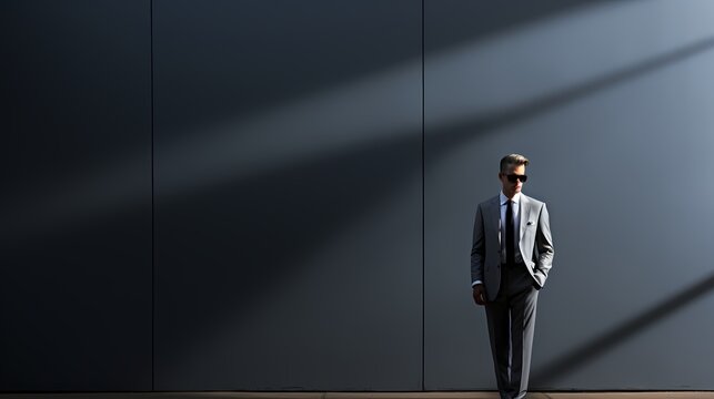 A minimalist composition featuring a model in a tailored suit, casting a sharp shadow on a monochromatic gray background