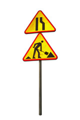 Damaged used road signs , road works are underway and road narrowing - right , A-12b isolated on...