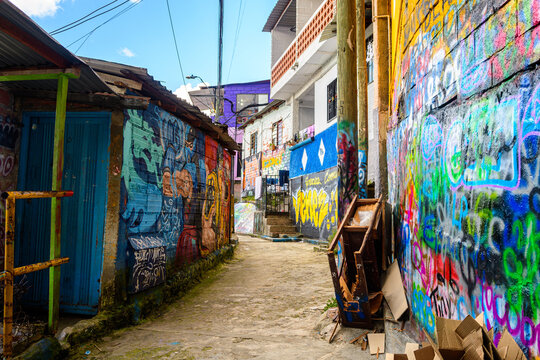 medellin, colombia. 20th august, 2022: colorful streets of comuna 13 district in medellin, colombia