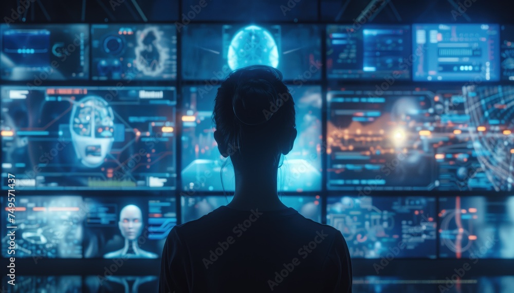 Aufkleber backview of person talking with robotic ai futuristic technology or machine learning dgital overlay 