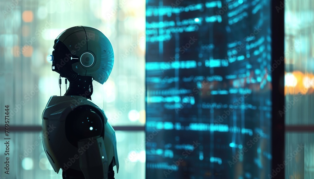 Poster profile view of a robot looking at digital screen as robotic ai futuristic technology or machine lea