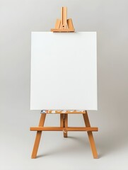 a wooden easel with a canvas on it for paint, in the style of 32k uhd, clean and simple designs, pure color, light brown and white, neoplasticism, sketchy, symmetrical balance