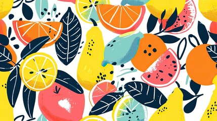 Bright, juicy seamless pattern of abstract shapes, fruits, citrus lemons, oranges and anans. Bright modern colors of tropical background