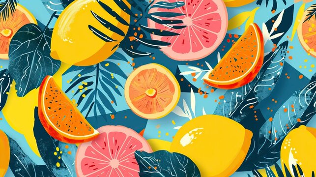 Bright, juicy seamless pattern of abstract shapes, fruits, citrus lemons, oranges and anans. Bright modern colors of tropical background