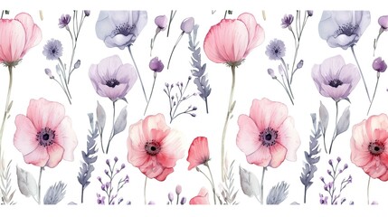 Cute feminine watercolor seamless pattern with wildflowers
