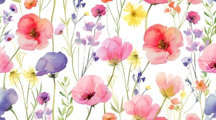 Fototapeta na wymiar Cute feminine watercolor seamless pattern with wildflowers