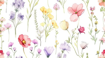 Cute feminine watercolor seamless pattern with wildflowers - obrazy, fototapety, plakaty