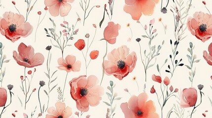 Cute feminine watercolor seamless pattern with wildflowers