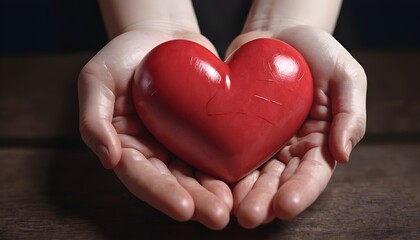 Human-hands-of-a-child-holding-red-heart-over-the-table-on-a-background