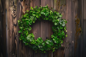 A festive green wreath made of fresh three-leaf clovers hanging on a wooden door. 