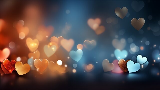 Dark horizontal Abstract bokeh glitter background with small sparkling blue red and gold hearts.