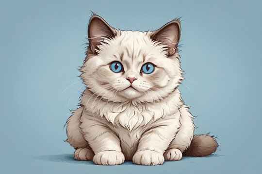 contour drawing small fat cartoon Ragdoll kitten isolated on an light blue background