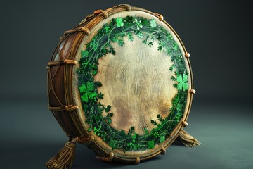 Obraz na płótnie Canvas A traditional Irish music instrument, a bodhran drum, decorated with festive St. Patrick's Day symbols. 
