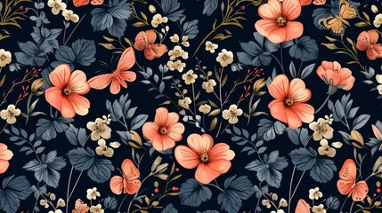 Floral blooming romantic feminine seamless pattern with imitation of satin stitch embroidery - obrazy, fototapety, plakaty
