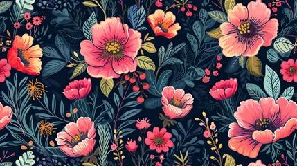 Fototapeten Floral blooming romantic feminine seamless pattern with imitation of satin stitch embroidery © CREATIVE STOCK