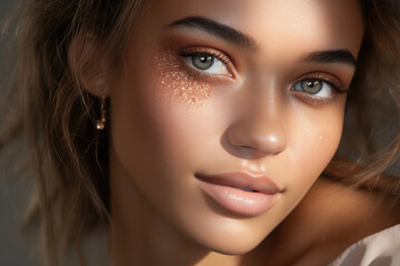 Fototapeta premium Close-up of a young woman's sparkling makeup, emphasizing her green eye, soft lips, and golden earring.