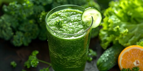 Fresh green detox smoothie made with nutritious ingredients for cleansing the body. Concept Healthy Eating, Green Smoothie, Detox Diet, Nutritious Ingredients, Body Cleanse