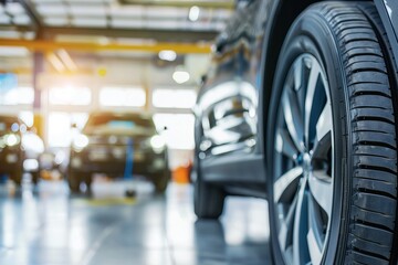 Car care maintenance and servicing, Tires in the auto repair service center, customer of a tire dealer, repairing change spare part problem and insurance service support the range of car check - obrazy, fototapety, plakaty