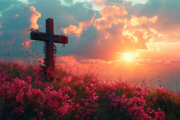Fototapeta na wymiar Solitary Cross at Sunset Symbolizing Sacrifice Amidst a Field of Pink Flowers