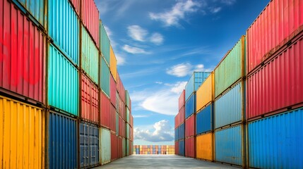 Fototapeta premium Stacked cargo containers in the storage area of freight sea port terminal