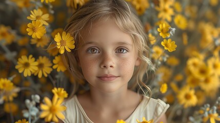 a little girl is laying in a field of yellow flowers