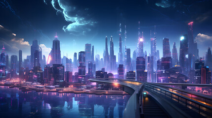 A futuristic cityscape featuring neon lights. Generative AI