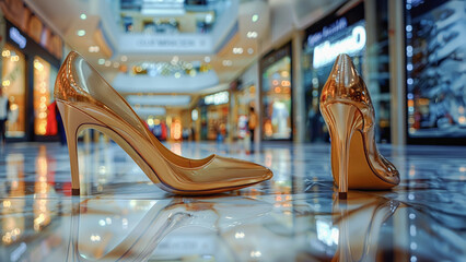 A photo of gold high heels standing in the middle of a shopping centre.