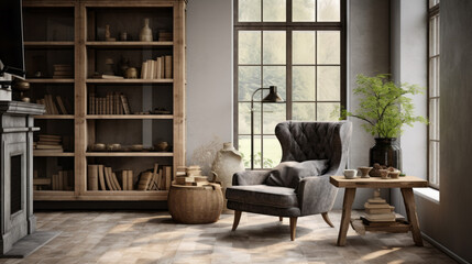 Fototapeta na wymiar A chic living room with textured walls and a mix of modern and vintage furniture, including a grey armchair and a wooden accent table