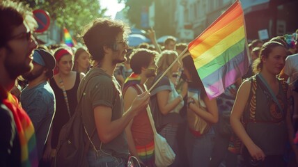 Fototapeta na wymiar rainbow flan in a gay parada in a modern city