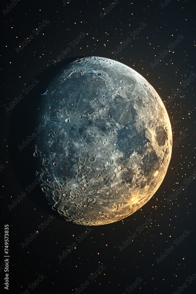 Poster an abstract representation of the moon in space, with celestial elements and a cosmic background.